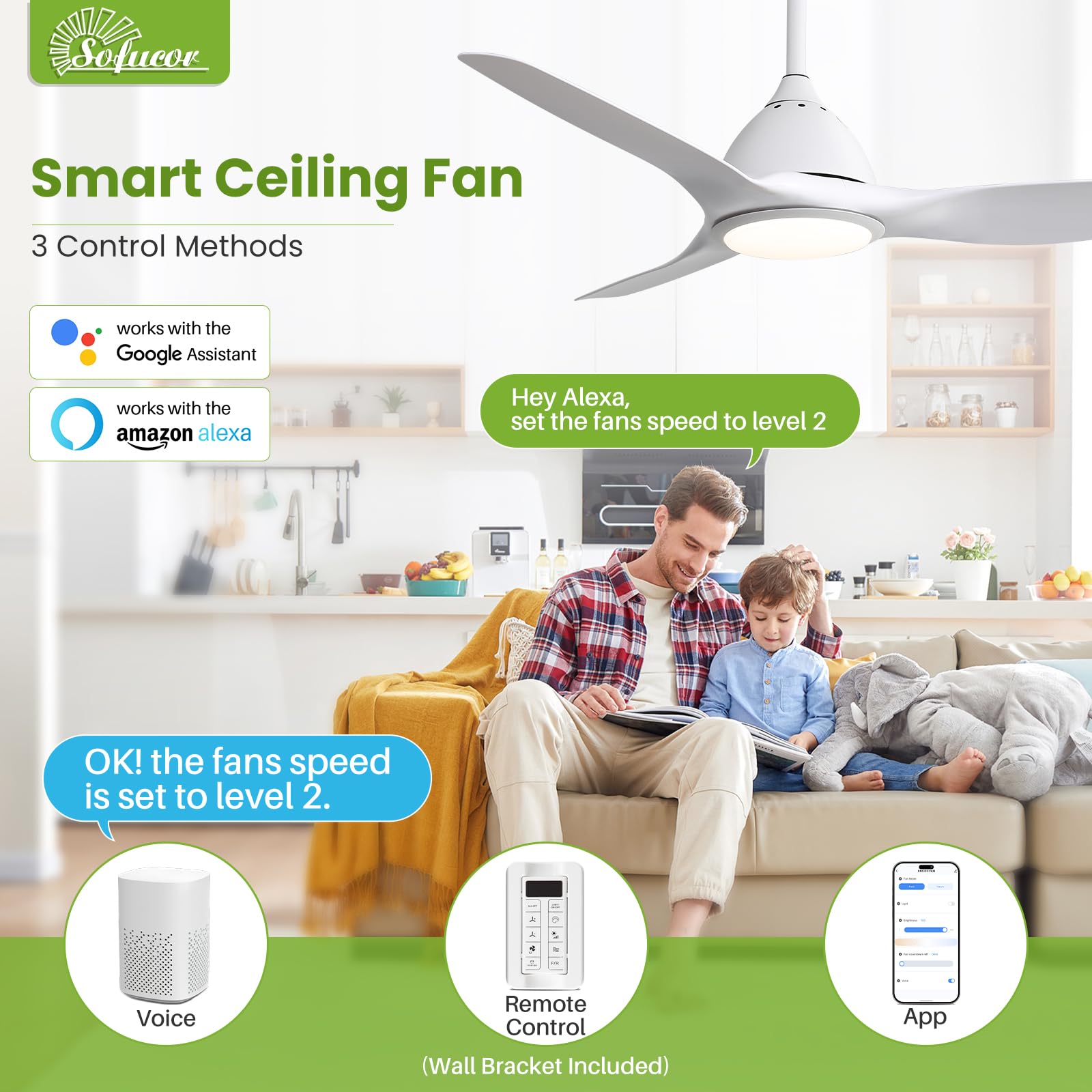 Sofucor 52 Inch Outdoor Ceiling Fans with Lights, Modern Ceiling Fan with 3 Plastic Blade, Quiet, Dimmable, High 7000CFM 6-Speed 3-Timer Reversible DC Motor, for Bedroom Living Room, ETL, Black