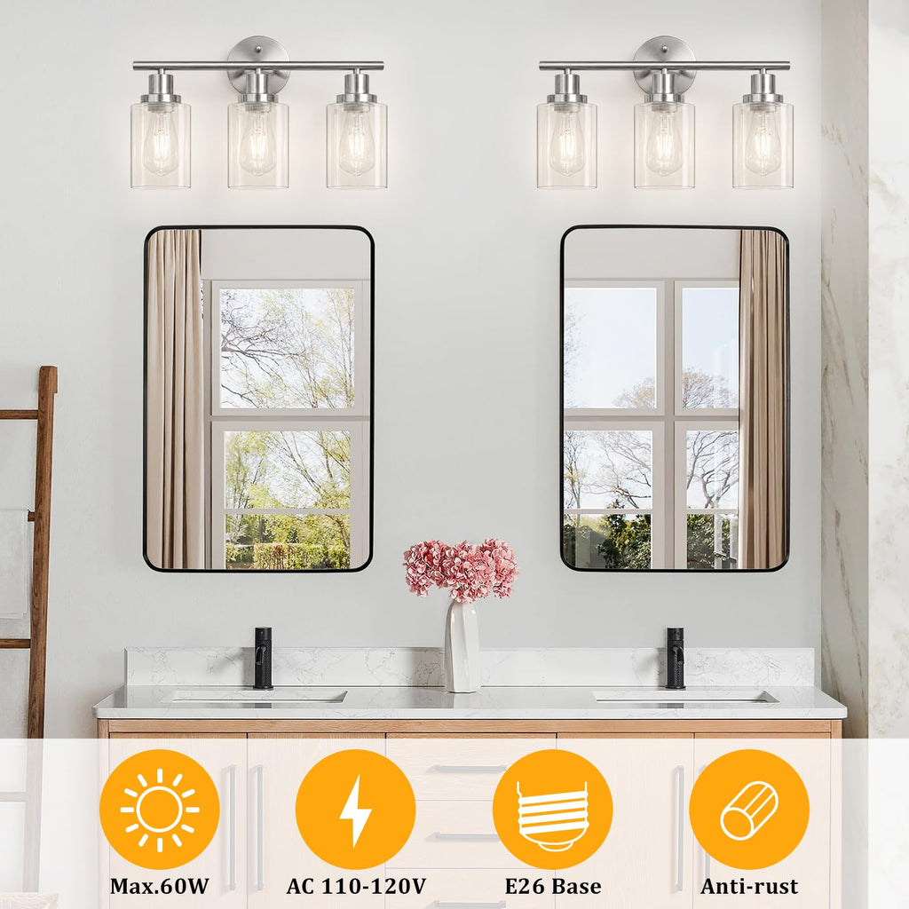Unicozin 2 Pack Modern Bathroom Light Fixtures, 3 Light Vanity Lights, Black Wall Lamp with Clear Glass for Bathroom, Mirror, Living Room, Bedroom, Hallway, E26 Base