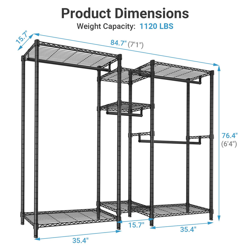 VIPEK Classic V6 Heavy Duty Clothes Rack, 7-Tier Garment Rack with Adjustable Shelves, Portable Closet Organizer with 4 Hanging Rods, Space-Saving, 850lbs Capacity, 68.9" L x 15.7" W x 76.4" H, Black
