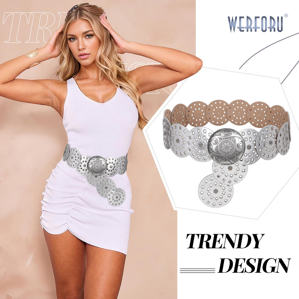 WERFORU Women Vintage Leather Belt Western Disc Waist Belts Ladies Western Belt Boho Belt for Dress Jean-