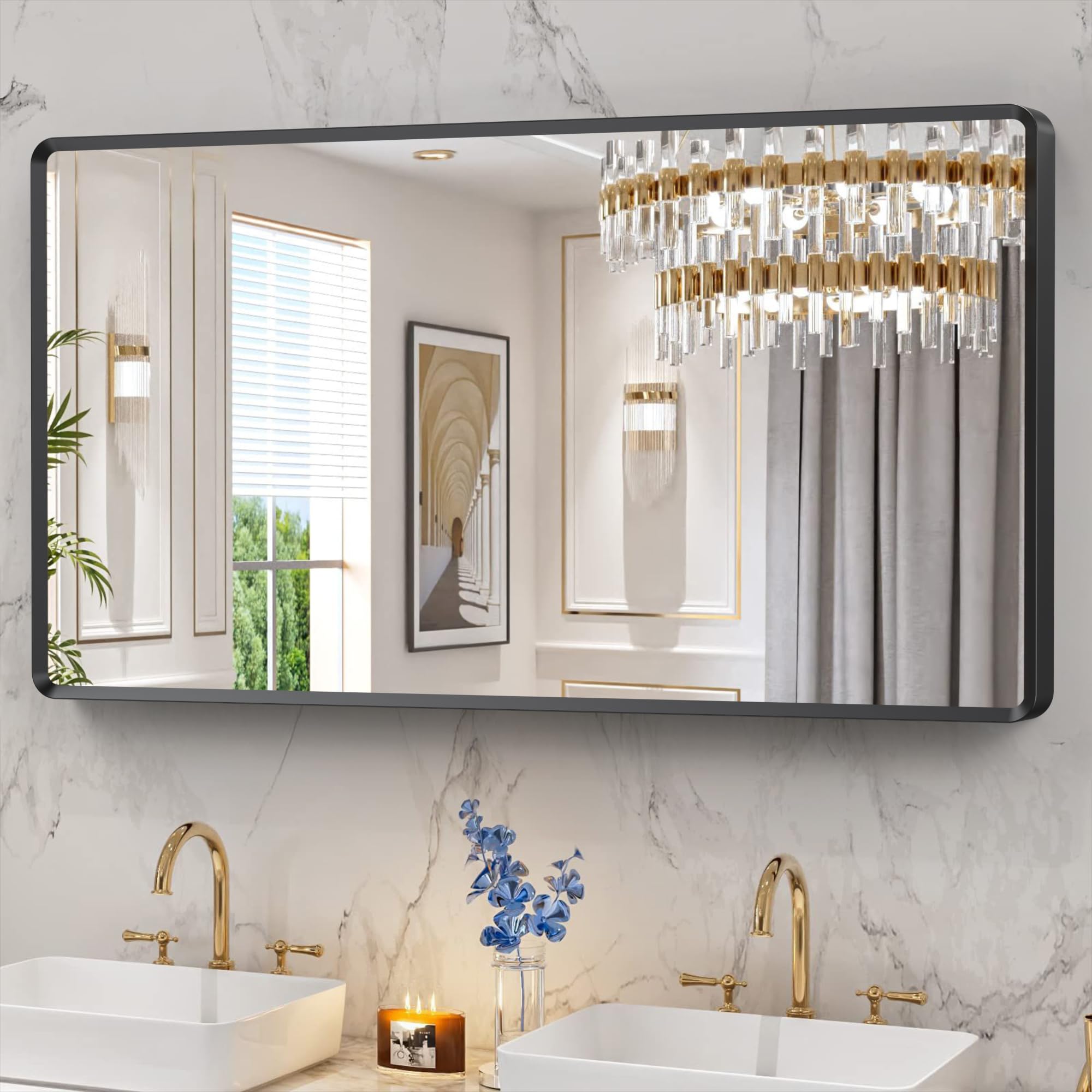 22x30 inch Gold Bathroom Mirror,Rounded Rectangle Gold Metal Framed, HD Tempered Glass, Horizontal or Vertical Hanging, Modern Bathroom Decor