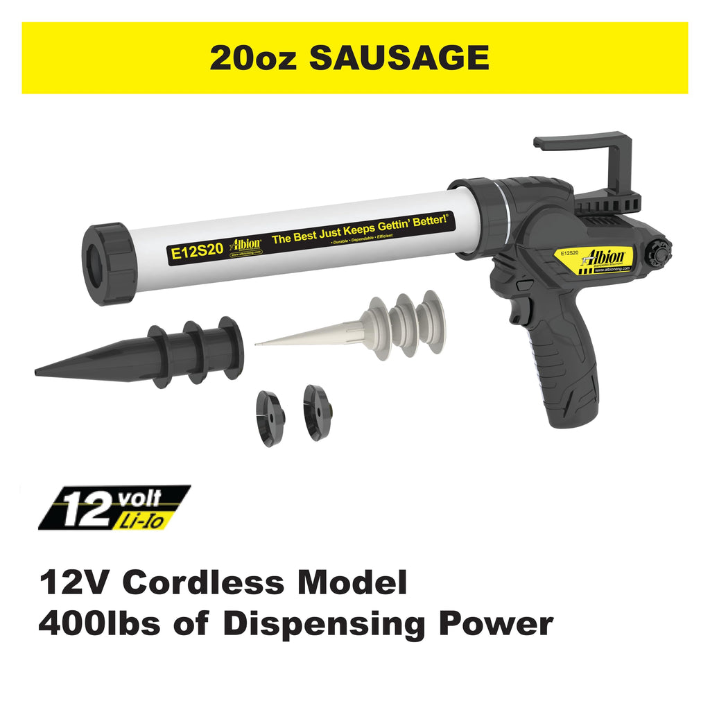Albion Engineering E12S20 B-Line Cordless Sausage Caulking Gun, No Drip, 12V, 20 oz