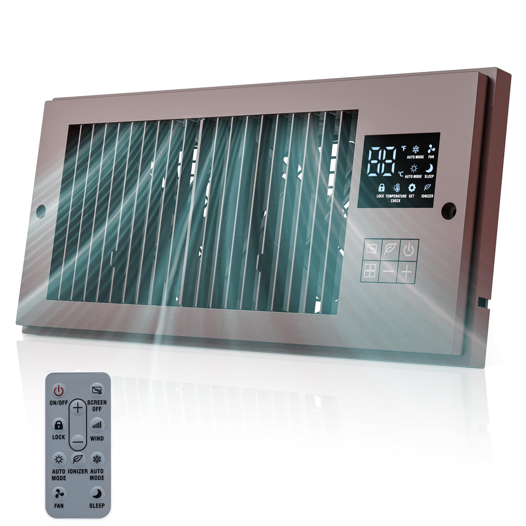 VallisCo Register Booster Fan 6" x 10" with Negative Ion, Manual Airflow Direction Control, Quiet 10-Speed Heating Cooling AC Vent Fan with Remote & Thermostat Control for Wall Floor, Bronze