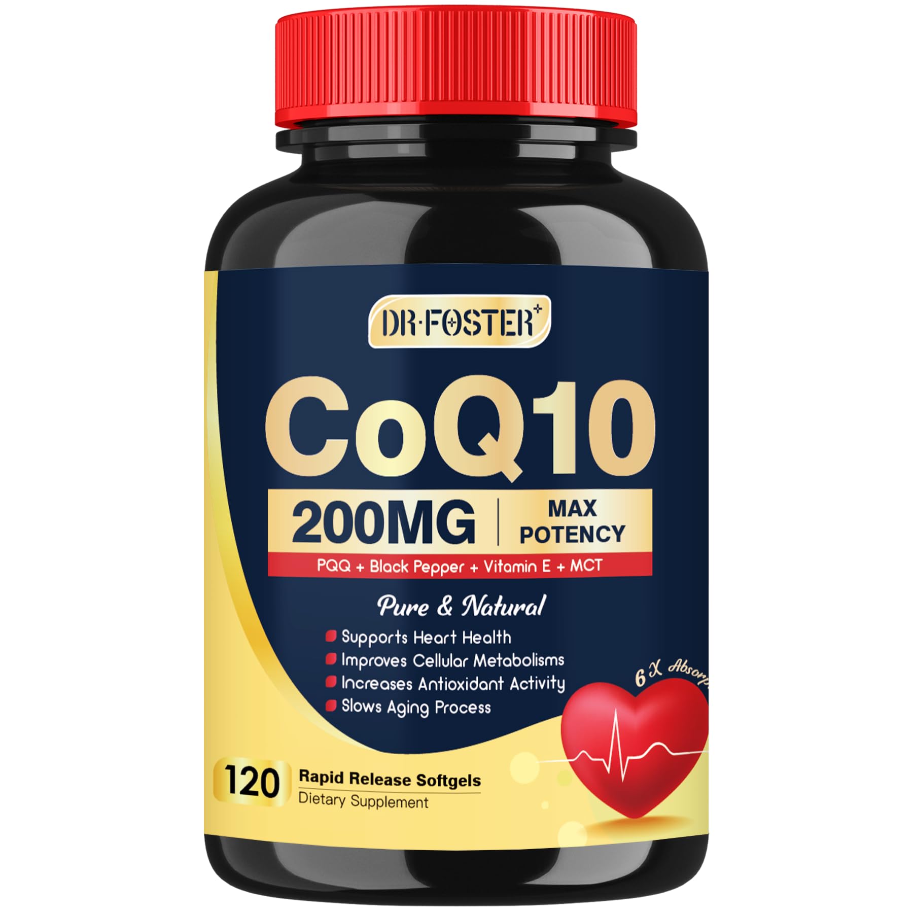 DRFOSTER Coq10 200mg, Co q 10 Supplement for Heart Supports & Energy Production, 6X High Absorption with Vitamin E & PQQ & Black Pepper Extract, 200mg Softgels, 120 Servings