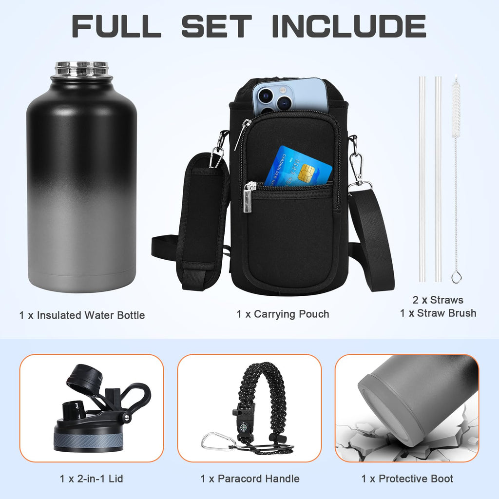 GAZLEMHO 40 oz Insulated Water Bottle with Straw& Spout 2-in-1 Lid, Triple Wall Vacuum Stainless Steel Cold 48H, Leak Proof Sports Metal Flask Jug with Paracord Handle, Black