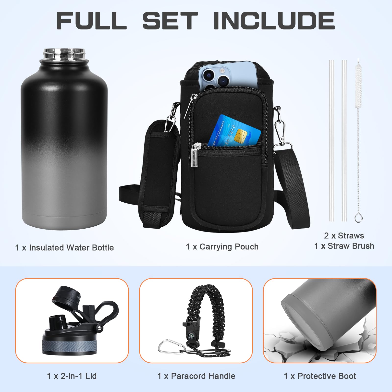 GAZLEMHO 40 oz Insulated Water Bottle with Straw& Spout 2-in-1 Lid, Triple Wall Vacuum Stainless Steel Cold 48H, Leak Proof Sports Metal Flask Jug with Paracord Handle, Black