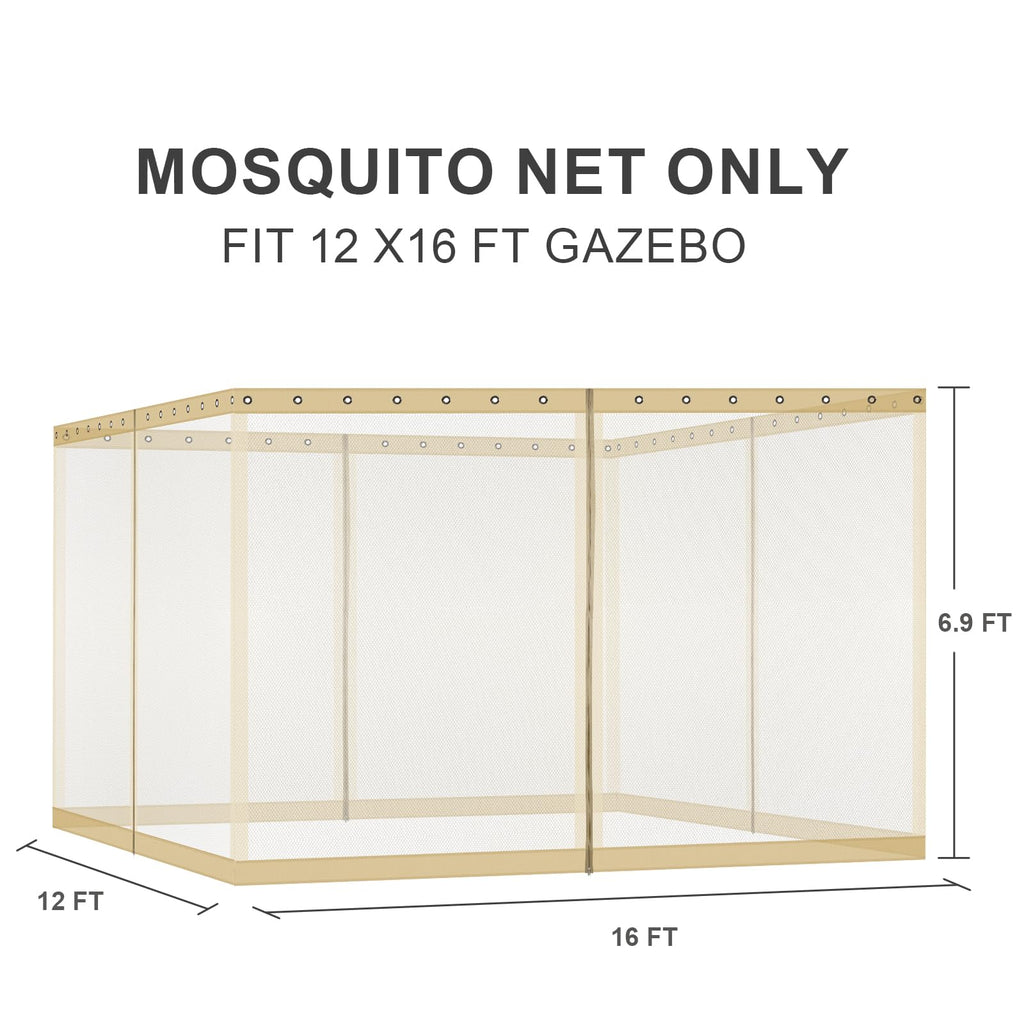 BPS 10' x 10' Gazebo Universal Mosquito Netting Screen Replacement, 4-Panel Mesh Screen Walls with Double Zippers for Outdoor Patio, Khaki (Mosquito Net Only)