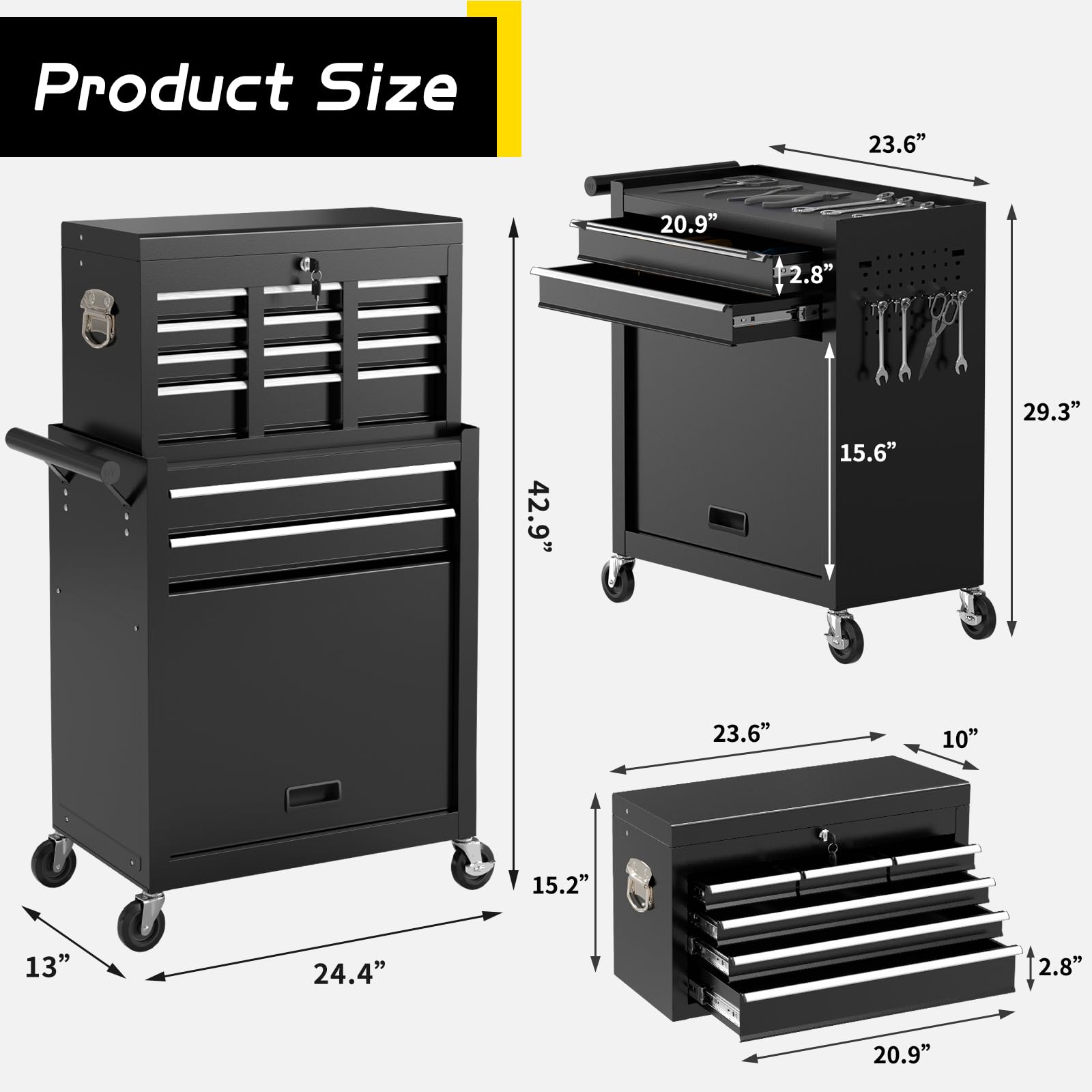 On Shine 8 Drawer Rolling Tool Chest, Large Capacity Rolling Tool Box with Wheels, Locking Mechanical Tool Chest, Portable Tool Box with Sliding Drawers for Garage Workshop and Tool Room (Black)