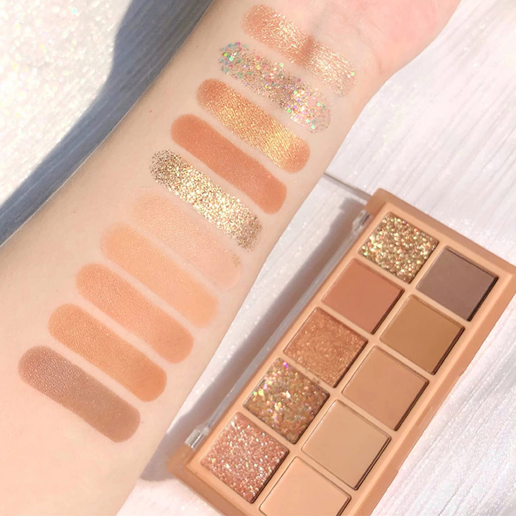 Erinde 10 Colors Eyeshadow Palette Makeup - Matte Shimmer Glitter Eye Shadow Korean Makeup, Ultra-Blendable, High Pigmented, Natural-Looking, Peach Brown Eyeshadow Pallet with Brush, Peach Color