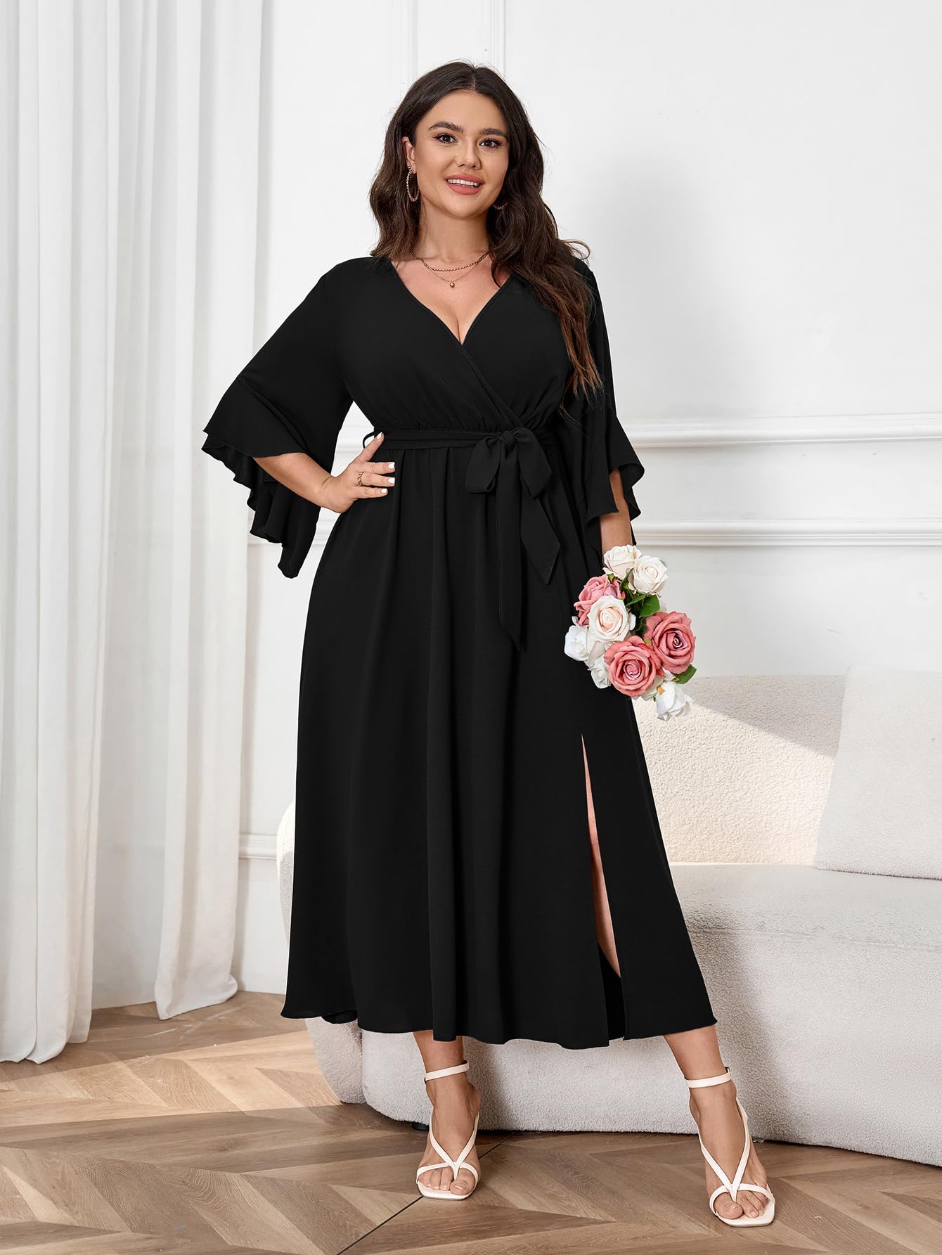 Womens Plus Size Dress Wedding Guest Cocktail Ruffle Half Sleeve Wrap V Neck Slit A Line Maxi Dresses with Belt