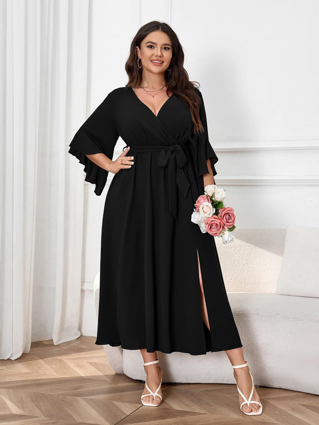 Womens Plus Size Dress Wedding Guest Cocktail Ruffle Half Sleeve Wrap V Neck Slit A Line Maxi Dresses with Belt