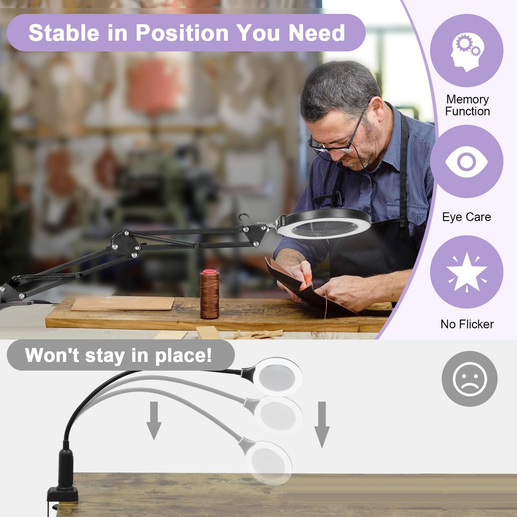 12X Magnifying Glass with Light and Stand, Real Glass, 5 Color Modes, Brightness Stepless Dimmable Lighted Magnifier Hands Free, 2-in-1 Desk Lamp & Clamp Light, Magnifier Lamp for Close Work, Reading
