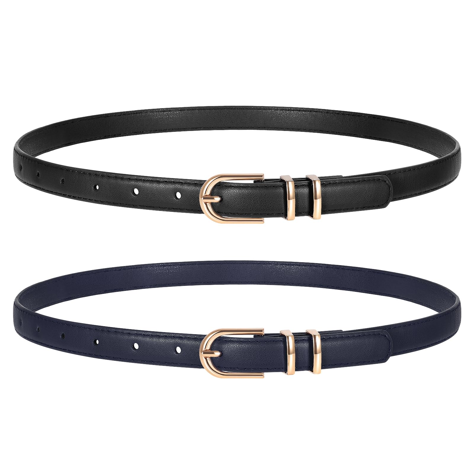 TRIWORKS 2 Pack Women Skinny Leather Belts for Jeans Pants Thin Faux Leather Belt with Gold Buckle