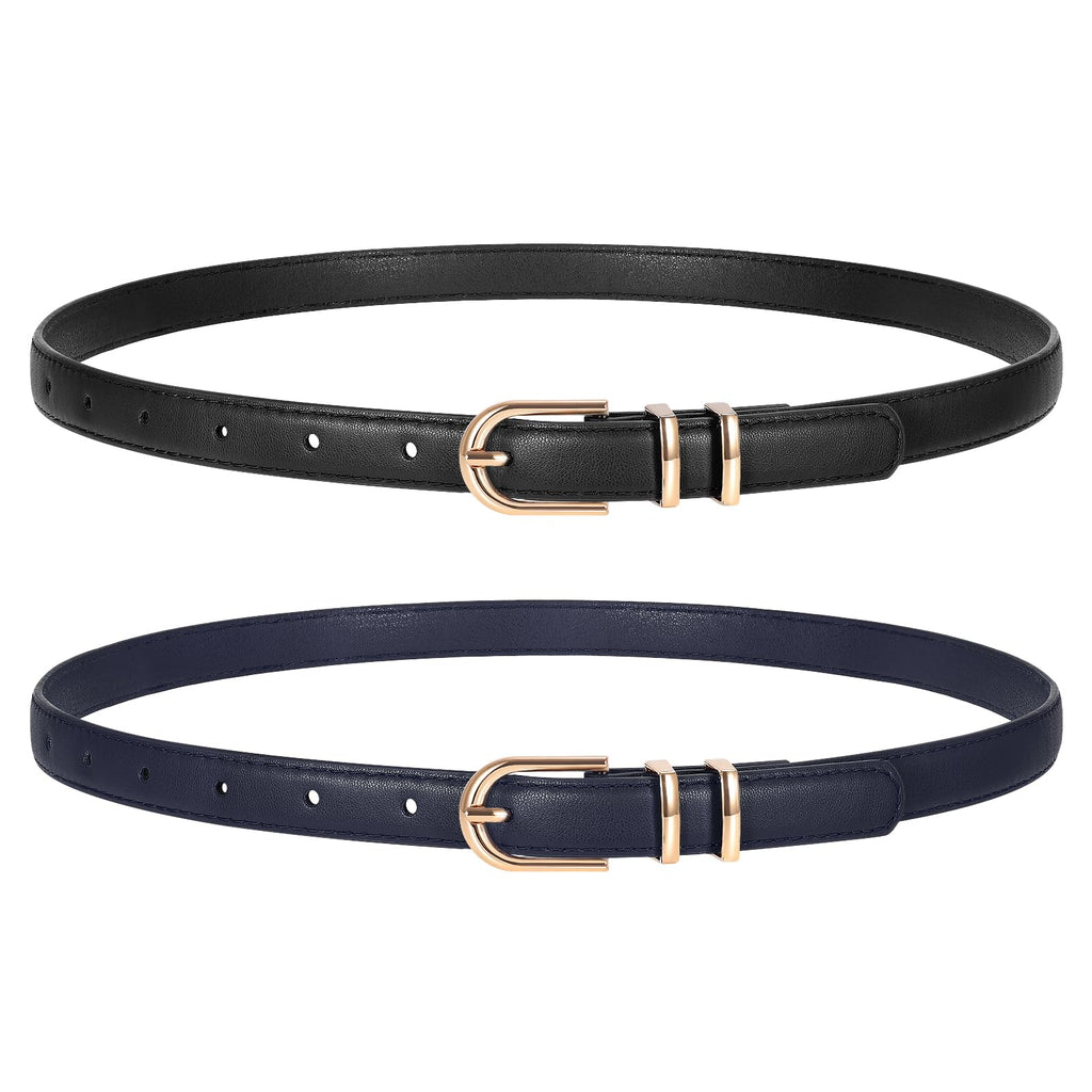 TRIWORKS 2 Pack Women Skinny Leather Belts for Jeans Pants Thin Faux Leather Belt with Gold Buckle