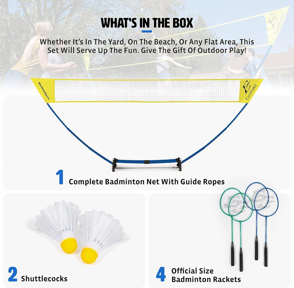 EastPoint Easy Setup Badminton Set - 15 ft Net, 4 Rackets, 2 Shuttlecocks - Quick Setup Net for Backyard Games - Steel Shaft Badminton Rackets for Family Games - Durable Shuttlecocks for Outdoors