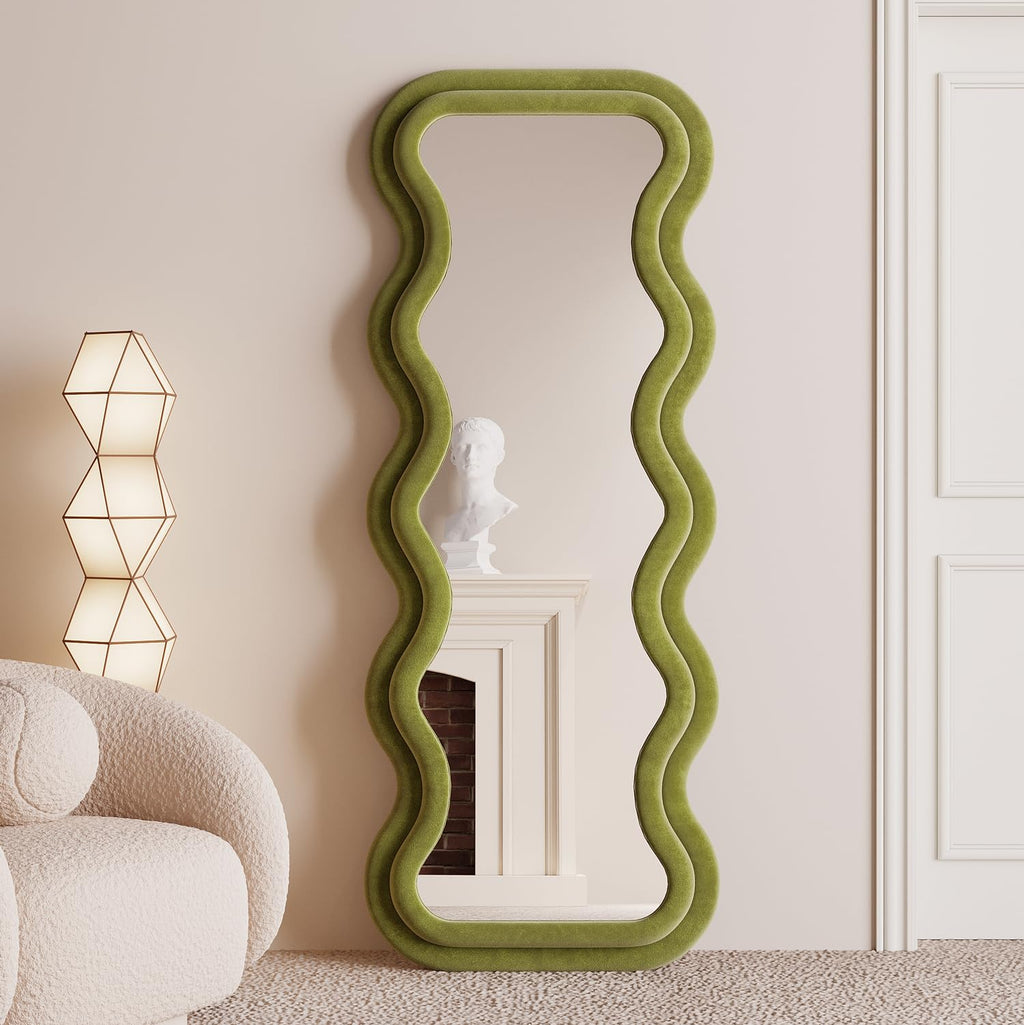 BOJOY Full Length Mirror, 63" x 24" Wall Mirror, Flannel Wrapped Wooden Frame Floor Mirror, Irregular Wavy Mirror Hanging or Leaning Against Wall for Cloakroom/Bedroom/Living Room, Black