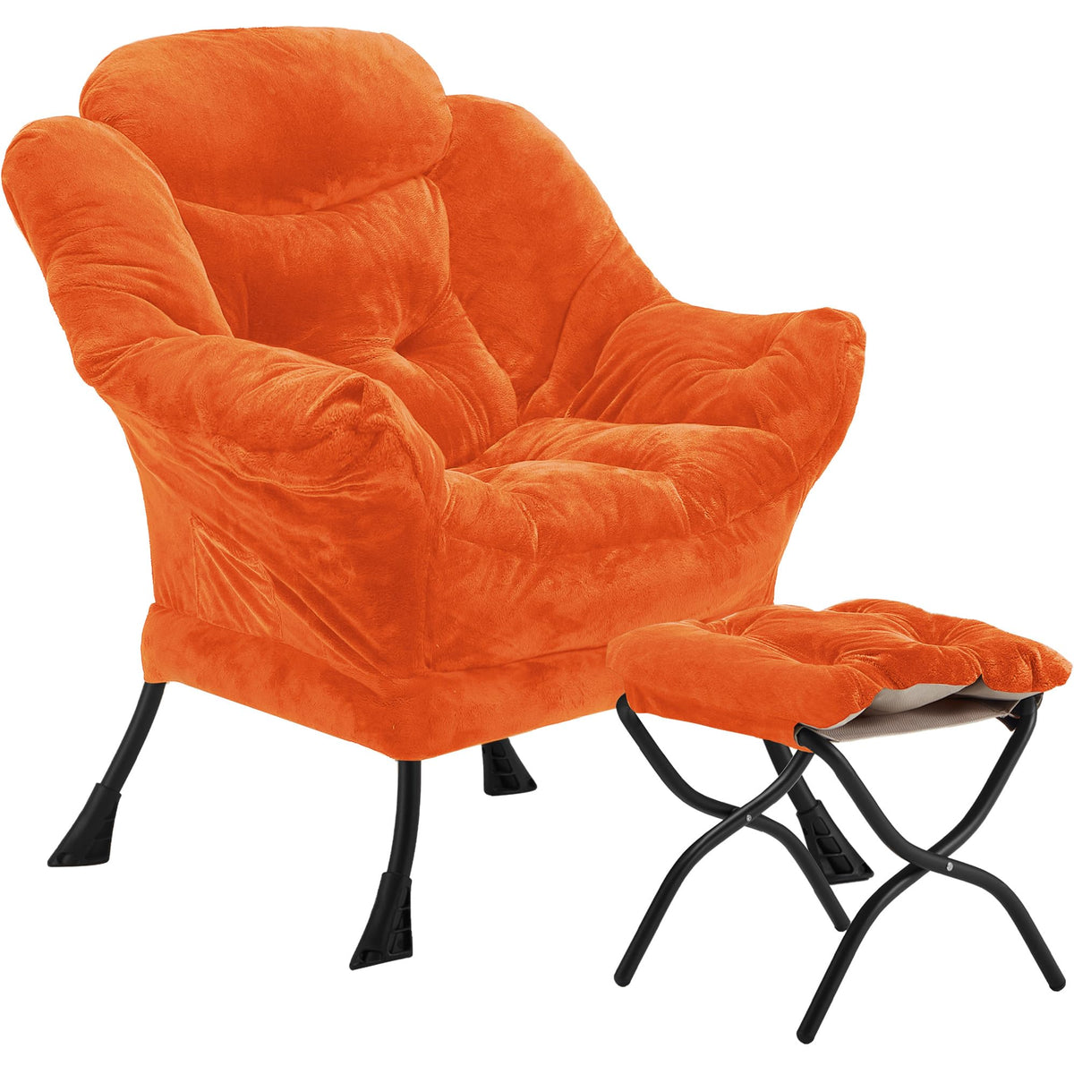 Youtanic Lazy Chair with Folding Ottoman, Accent Chair Velvet Upholstered with Metal Structure and Non-Slip Pads, Sofa Armchair with Footrest and Side Storage Bag for Dorm, Room, Office, Beige