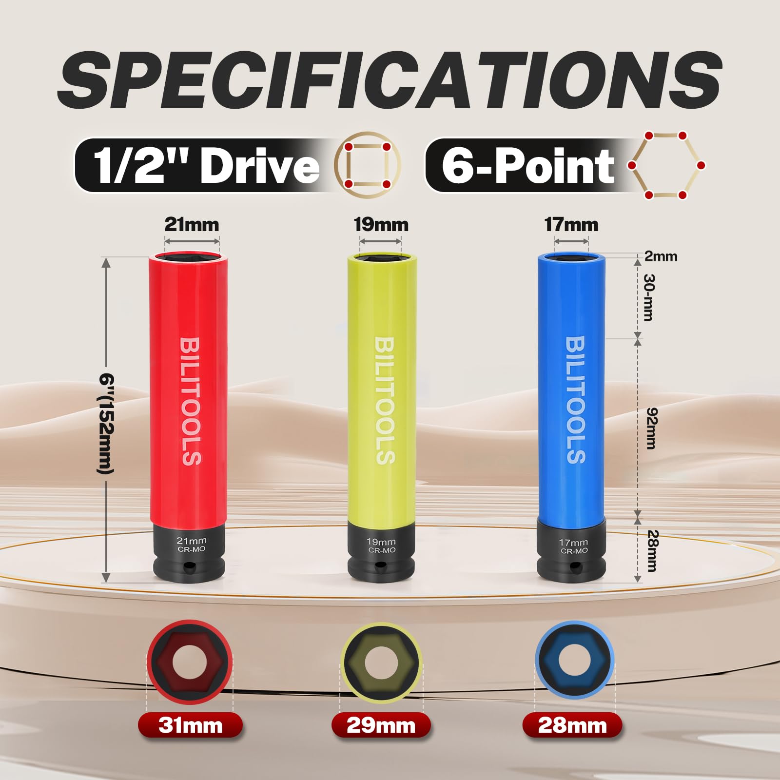 BILITOOLS 1/2 inch Drive Impact Lug Nut Socket Set, 15 17 19 21 22 MM Non-Marring Thin Wall Wheel Protector Nut Socket