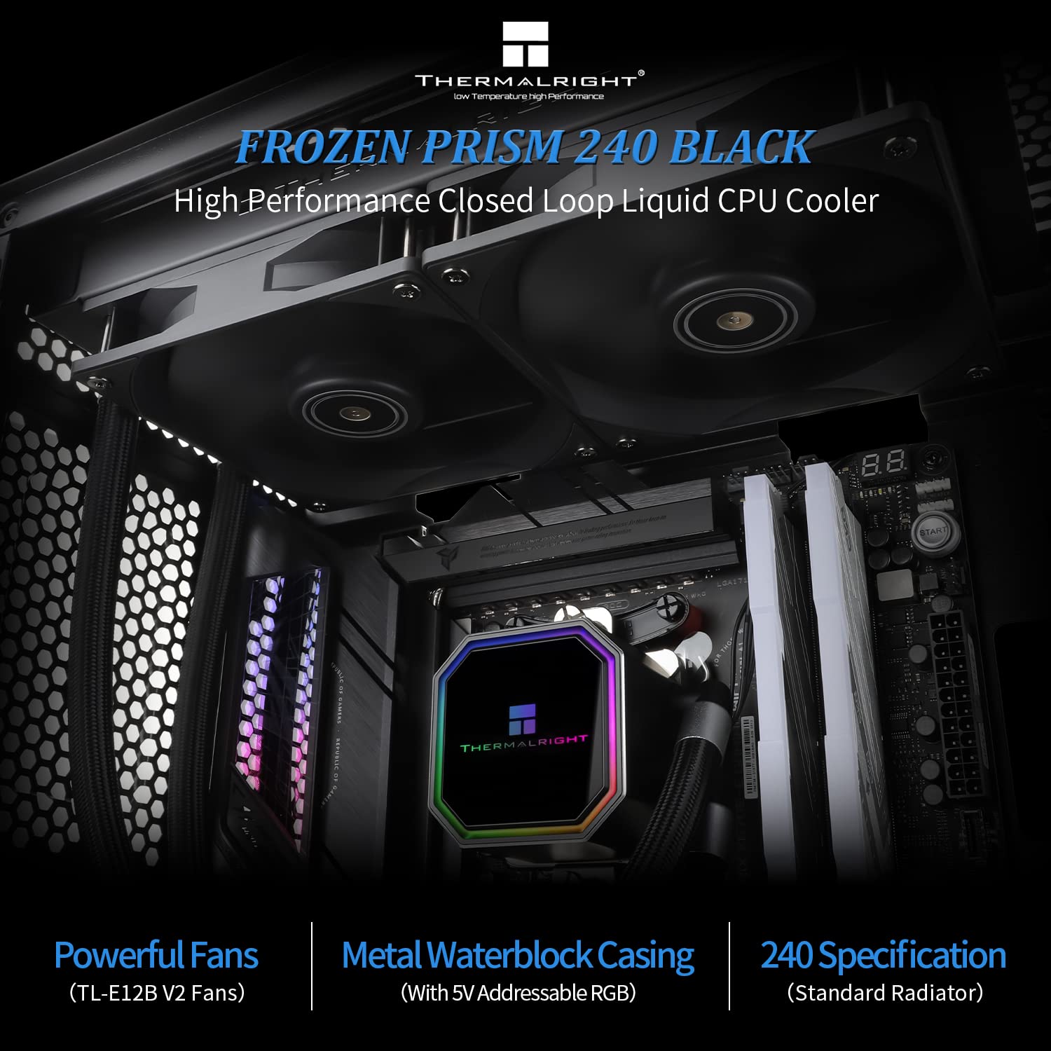 Thermalright Frozen Prism 240 Black CPU Liquid Cooler,Efficient PWM Controlled Pump 3300RPM,TL-E12 Series PWM Fan×2,Water Cooling Computer Parts,for AMD AM4/AM5,Intel LGA1150/1151/1200/1700/1851