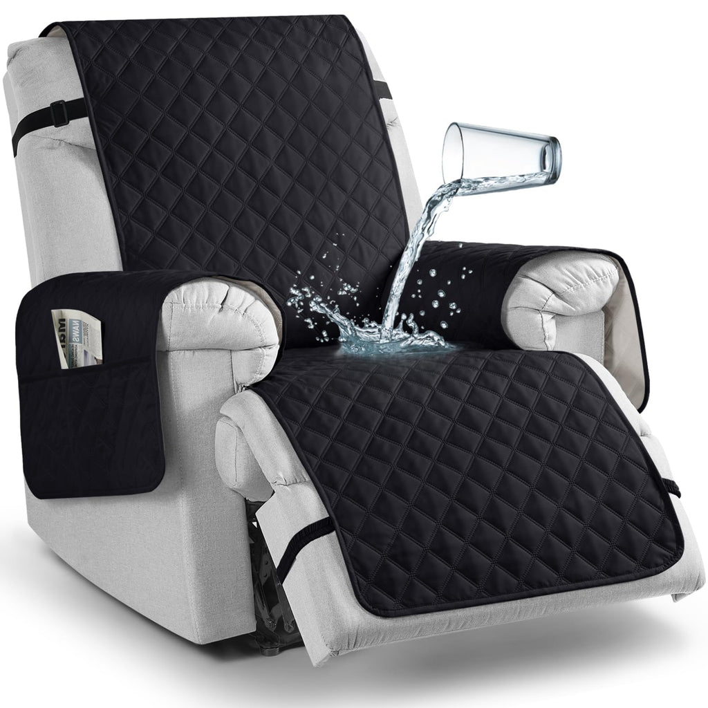 TAOCOCO 100% Waterproof Recliner Chair Covers, Reversible Recliner Covers with Leg Straps, Washable Recliner Sofa Covers for Reclining Chair Furniture Dog Protector with Pocket (Black, 23.6'')