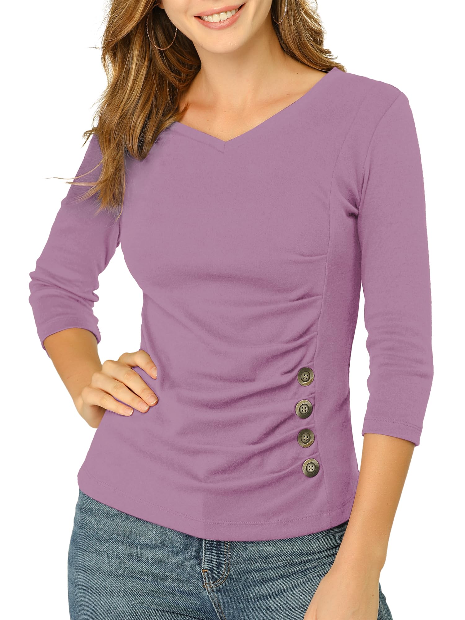 Allegra K Women's V Neck Tops 3/4 Sleeves Solid Knitted Buttons Decor Ruched Blouse