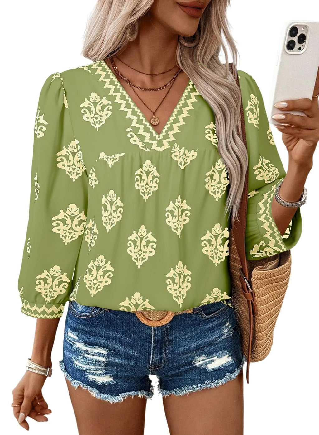 SHEWIN Women's Casual V Neck Floral Print Chiffon Blouses 3/4 Sleeve Boho Summer Tops Shirts