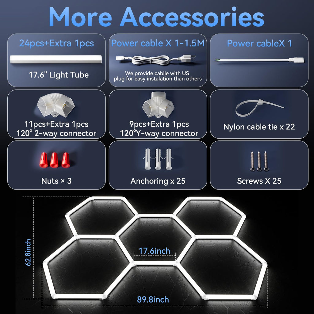 LZHOME LED Hexagon Garage Light: 12700LM Car Detailing Shop Light, DIY Splicing Ceiling & Wall Decor Lights, for Workshop Basement Gym Warehouse Bar Gaming Room