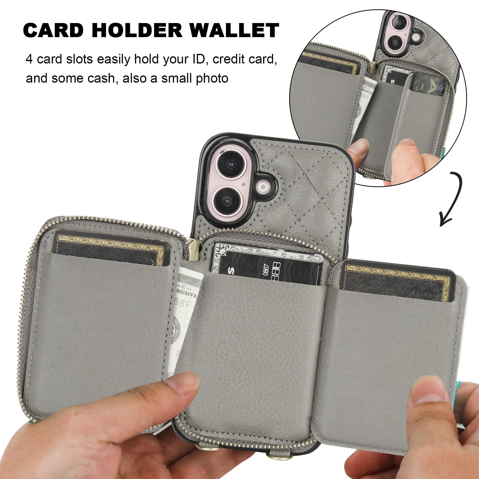 Bocasal Crossbody Wallet Case for iPhone 16, RFID Blocking PU Leather Zipper Handbag Purse Flip Cover, Kickstand Folio Case with Card Slots Holder Wrist Strap Lanyard 5G 6.1 Inch (Black)