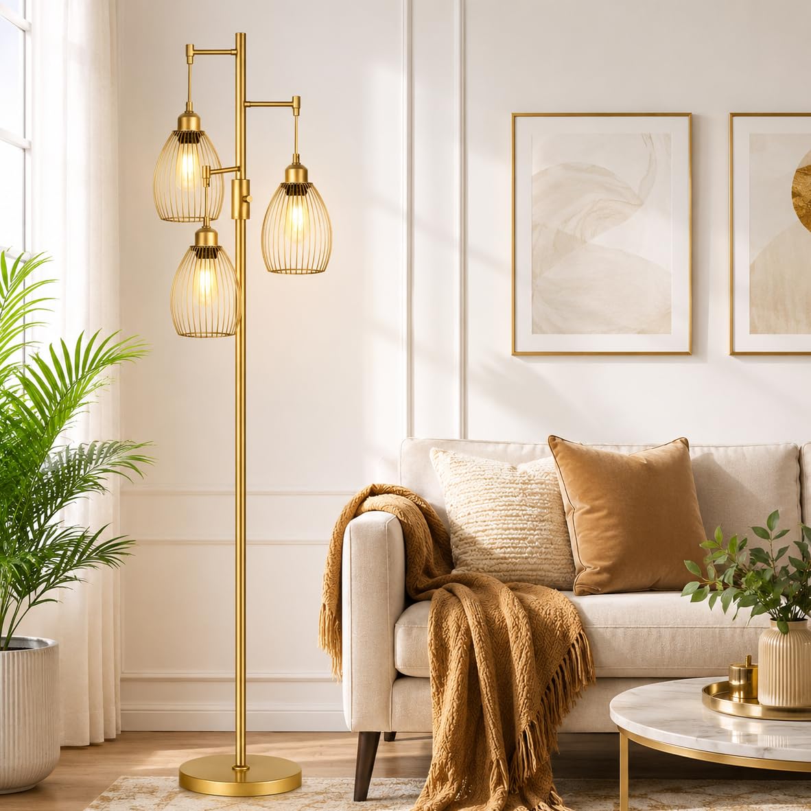 Dimmable Floor Lamp, 3 x 800LM LED Edison Bulbs Included, Farmhouse Industrial Floor Lamp Standing Tree Lamp with Elegant Teardrop Cage Tall Lamps for Living Room Bedroom Office Dining Room-Brass