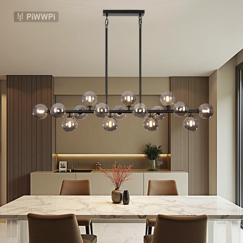 Modern Linear Chandeliers for Dining Room, 8-Light Globe Sputnik Pendant Ceiling Light, Black Dining Room Light Fixture Over Table, Mid Century Glass Milk White Bubble, 31.5 Inch, GC-09