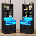 BTHFST Tall Nightstand with LED Lights and Charging Station, LED Black Nightstand with Shelves and 2 Drawers, Bedside Table with Bookshelf, Tall Side End Table with Storage