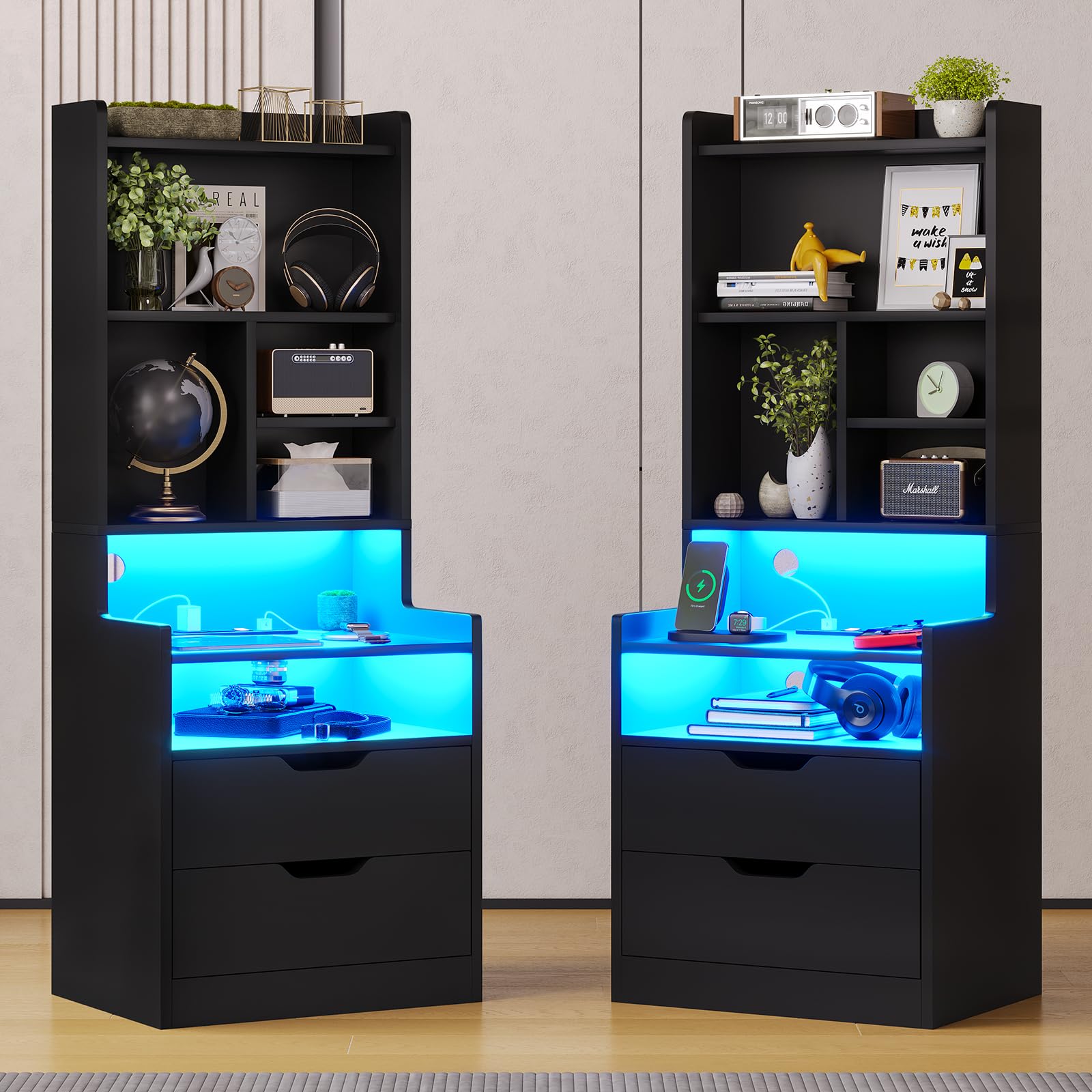 BTHFST Tall Nightstand with LED Lights and Charging Station, LED Black Nightstand with Shelves and 2 Drawers, Bedside Table with Bookshelf, Tall Side End Table with Storage