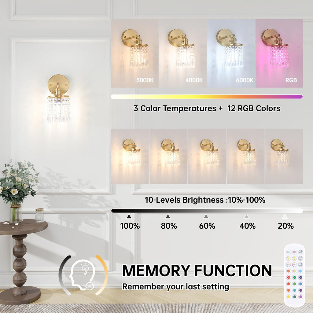 Shenmoyl Set of 2 Crystal Battery Operated Wall Sconce, Rechargeable Battery Powered Wall Lamp with Remote Control, Modern Dimmable Wall Lights for Bedroom Bathroom(Green, Gold Base)