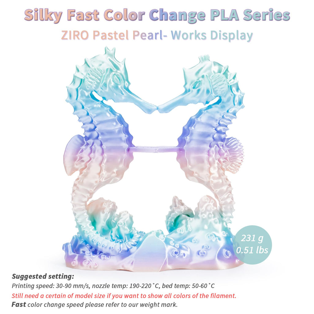 ZIRO Fast Color Change PLA, 1.75mm Color Gradient Filament, Glossy Rainbow PLA Filaments, Fit Most 3D Printer Pen, Shiny Surface 1KG/2.2lbs Spool, Aqua Sky (Silk)