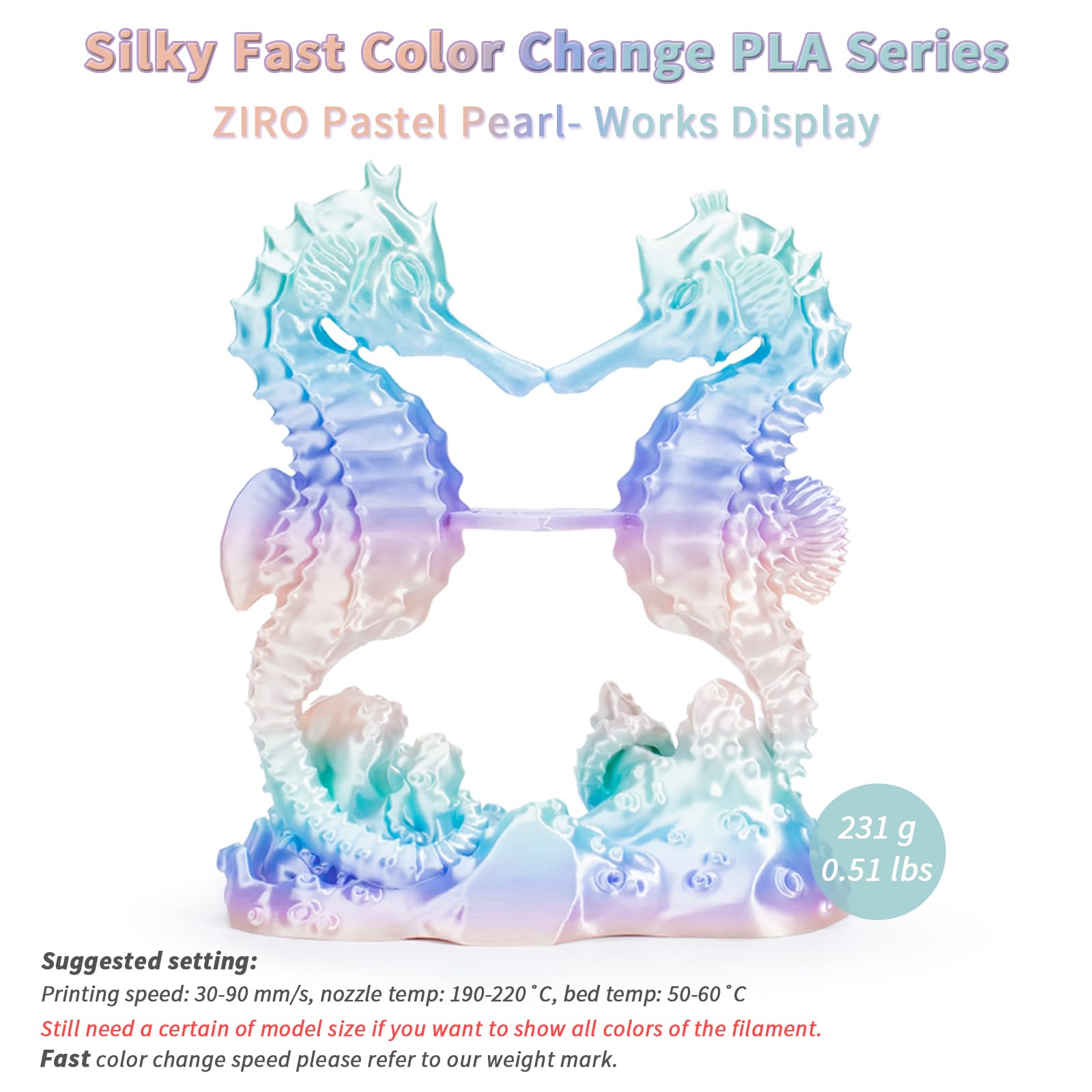 ZIRO Fast Color Change PLA, 1.75mm Color Gradient Filament, Glossy Rainbow PLA Filaments, Fit Most 3D Printer Pen, Shiny Surface 1KG/2.2lbs Spool, Aqua Sky (Silk)