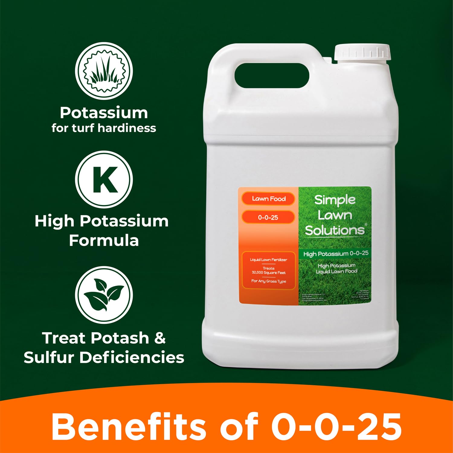 Simple Lawn Solutions - High Potassium Lawn Food Liquid Fertilizer 0-0-25 - Concentrated Spray - Turf Grass Vigor and Plant Hardiness - Summer and Fall - Any Grass Type (1 Gallon)