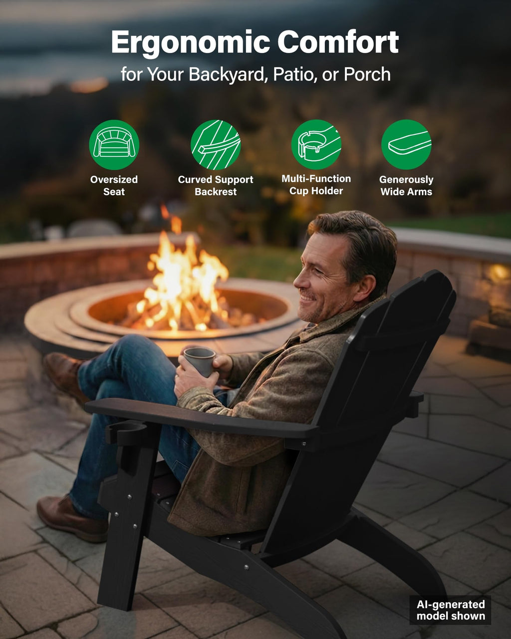 YEFU Oversized Plastic Adirondack Chair Set of 2 with Cup-Holder (Large Dual-Purpose), Weather Resistant, Poly Lumber Outdoor Chairs Duty Rating Widely Used in Patio, Lawn, Outside, Deck Chairs-Black
