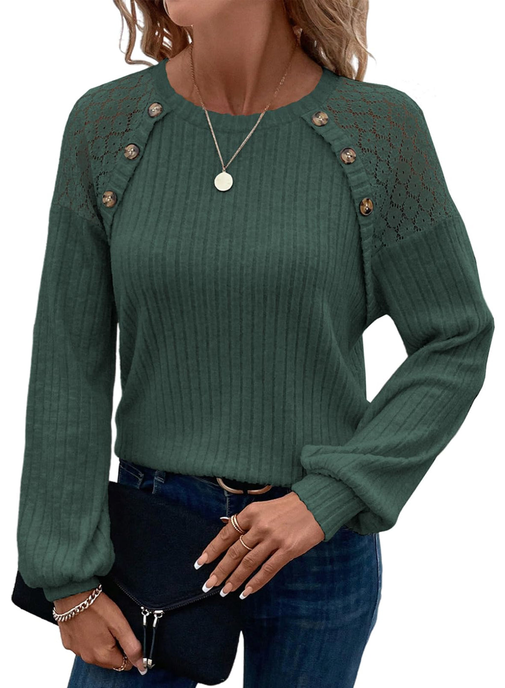 Acelitt Womens Fall Long Sleeve Tunic Tops Casual Crew Neck Dressy Shirt Lace Patchwork Blouses Pullover Sweaters