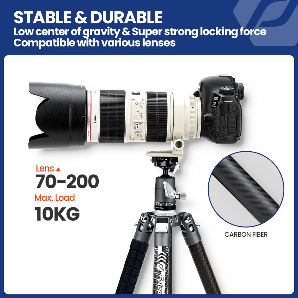 Fotopro 60" Camera Tripod, Carbon Fiber Travel Tripod with 360° Ball Head, Ultralight 2.1lbs, 22lbs Load, Quick Lock, Folds to 14.3" Carry-On, for DSLR Mirrorless Cameras, X-Aircross 3 Blue