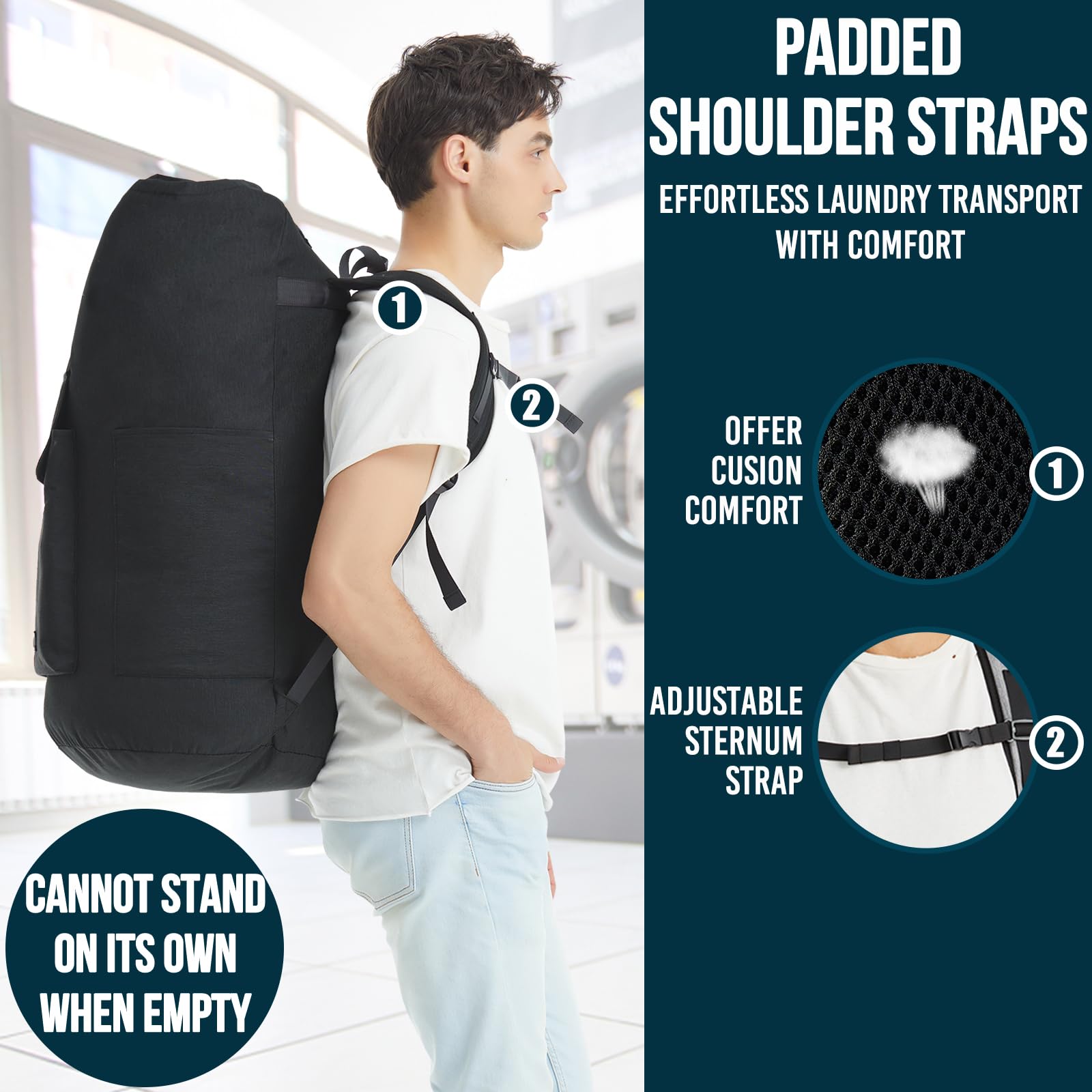 Laundry Bag Extra Large 115L, Laundry Backpack Bag, Laundry Bags Extra Large Heavy Duty, Laundry Bag with Straps, Clothes Hamper Bags with 4 Pockets, College Laundromat Backpack for Dorm Room