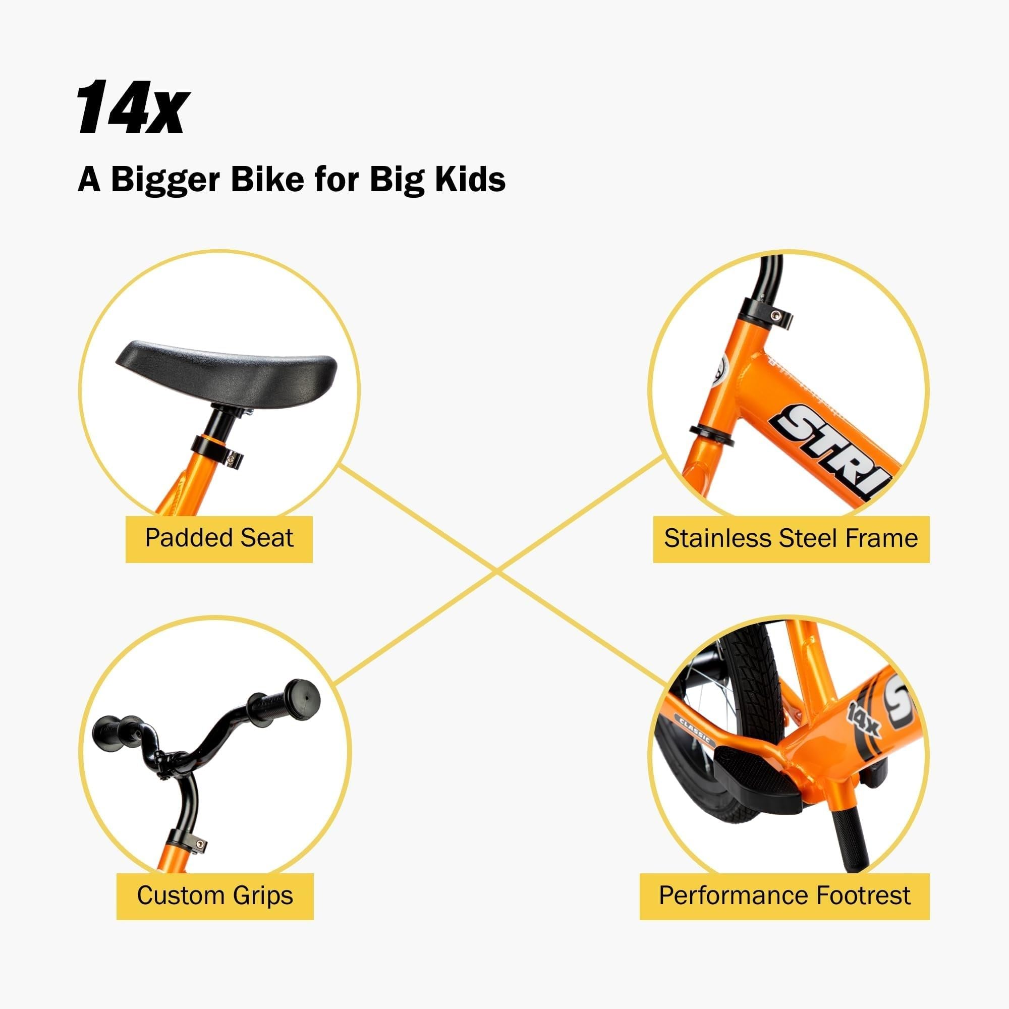 Strider 14x Classic, Balance Bike for Kids 3 to 6 Years - Includes Kid Sized Grips, Padded Seat, Performance Footrest, All-Purpose Tires-Easy Assembly, Tool-Free Adjustments