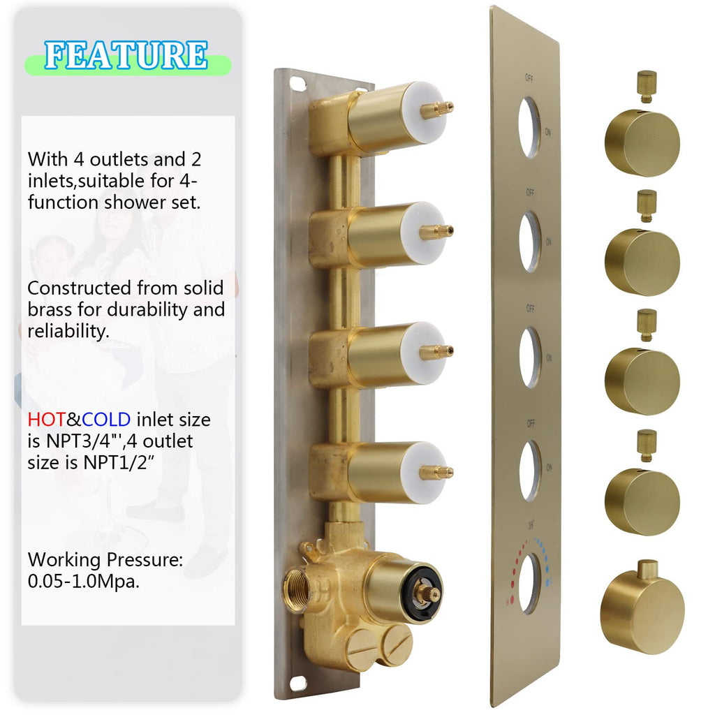 HOMEDEC 2 Way Shower Diverter Valve Brass Dual Functions Thermostatic Shower Mixing Valve Kit 3 Handle Flow Control Valve, 3/4 Inch Inlet, Can Use All Options At a Time, Matte Black
