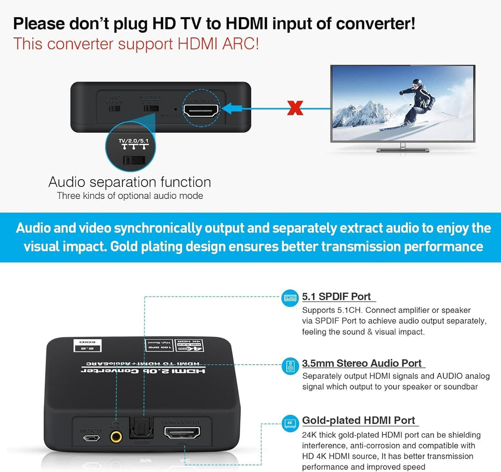 4K@60Hz HDMI 2.0b Audio Extractor Converter Adapter Splitter, HDMI ARC + Optical Toslink SPDIF + 3.5mm Stereo Audio Out, Support HDCP2.2 Digital PCM DTS 5.1, (Optical / HDMI Cables Included)