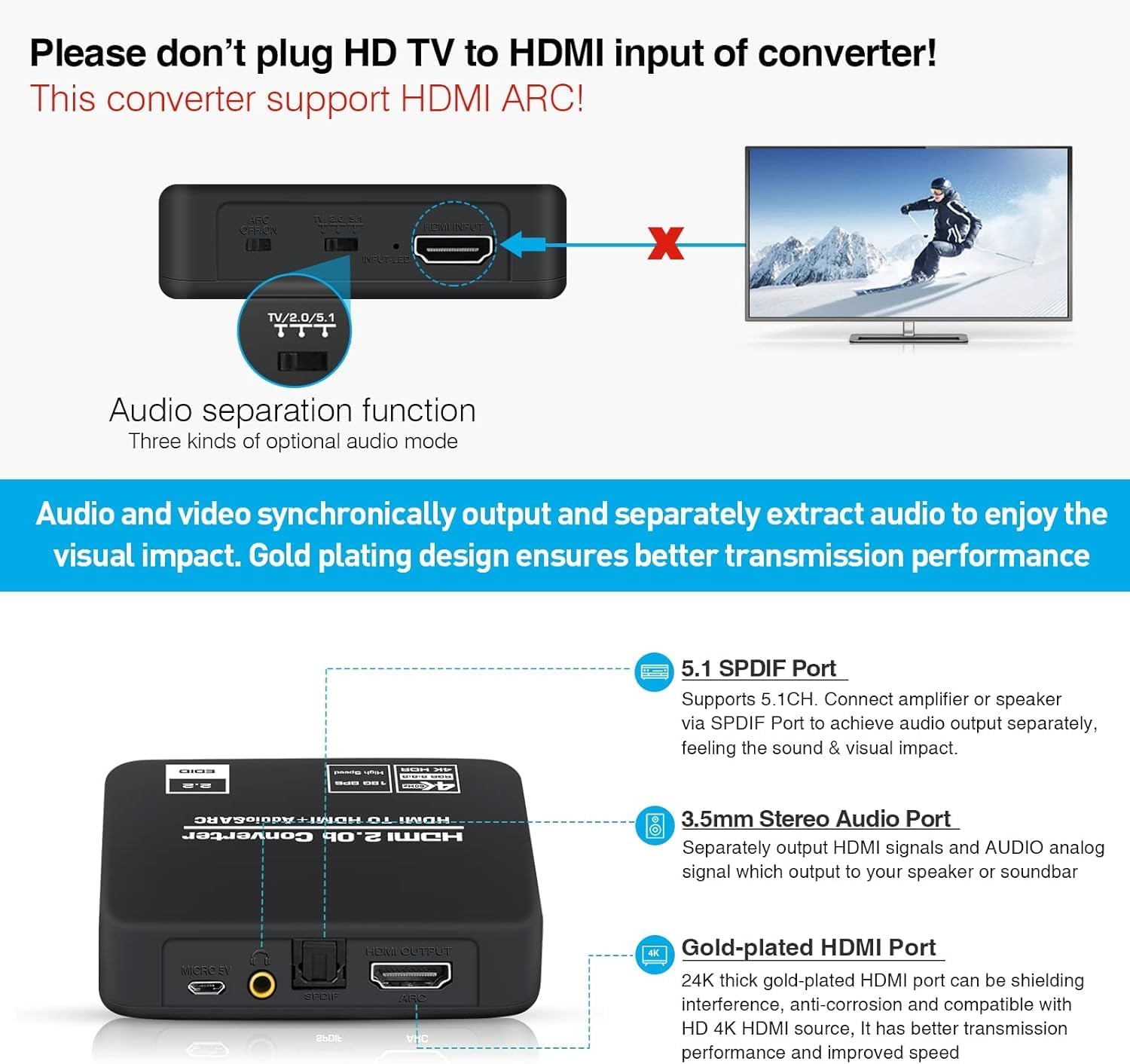 4K@60Hz HDMI 2.0b Audio Extractor Converter Adapter Splitter, HDMI ARC + Optical Toslink SPDIF + 3.5mm Stereo Audio Out, Support HDCP2.2 Digital PCM DTS 5.1, (Optical / HDMI Cables Included)