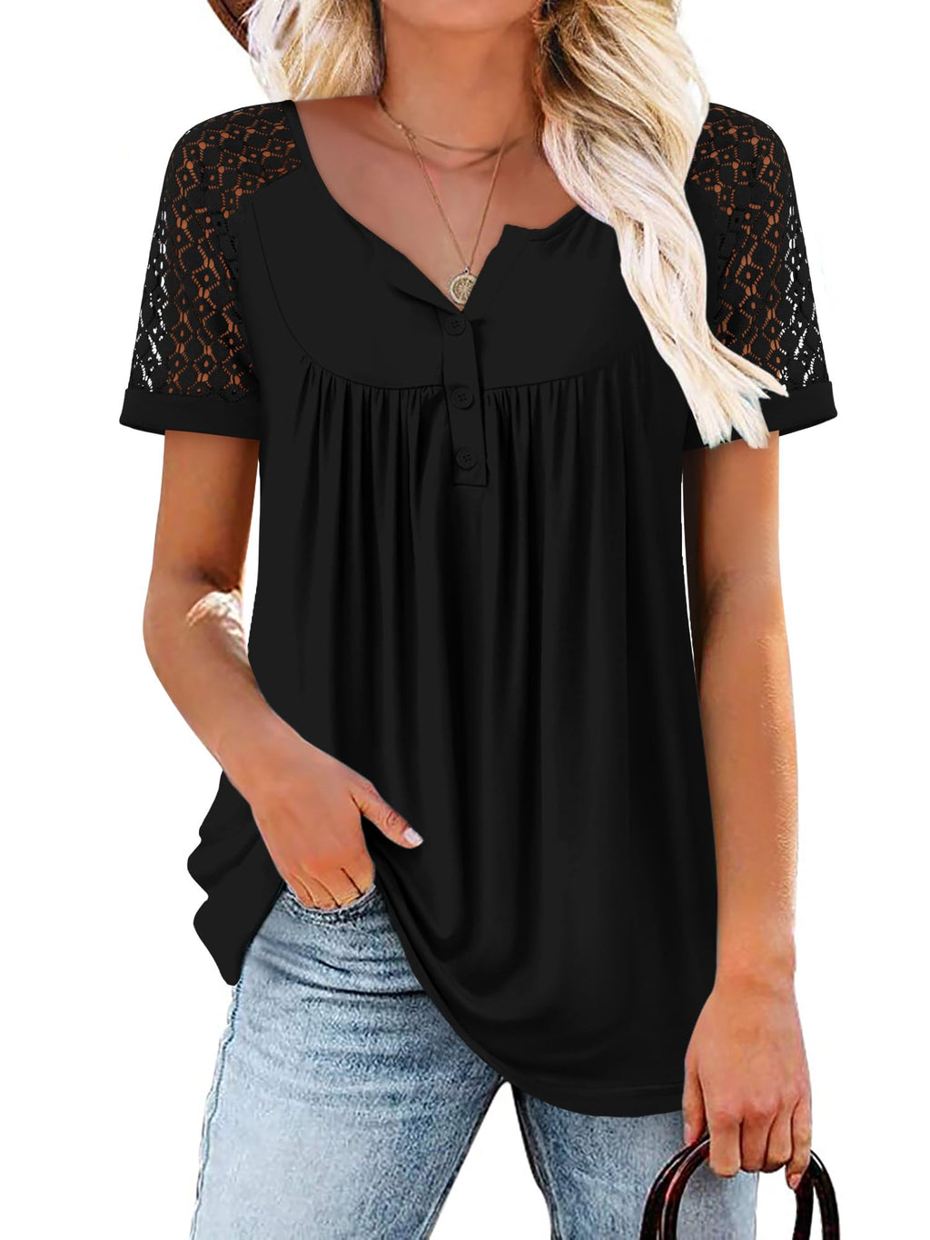 Mystry Zone Womens Henley V Neck Casual Blouse Button Down T Shirts Flare and Flowy Tops