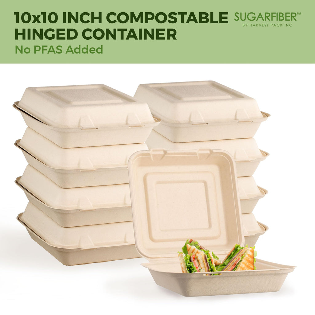 [50 COUNT]Harvest Pack 6 X 6" Compostable Clamshell Take Out Food Containers, PFAS FREE Square To go Containers with Lids, Heavy-Duty Disposable Bagasse Bento Cake Box, Eco-Friendly Sugarcane Fibers