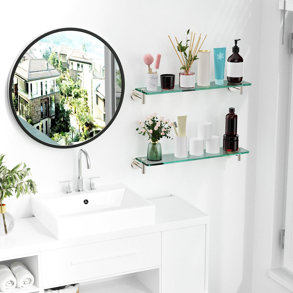 Glass Bathroom Shelves,Brushed Gold Floating Shelves for Wall Rectangular Modern Stainless Steel Glass Shelf for Bathroom Shelves wall Mounted 16 Inch