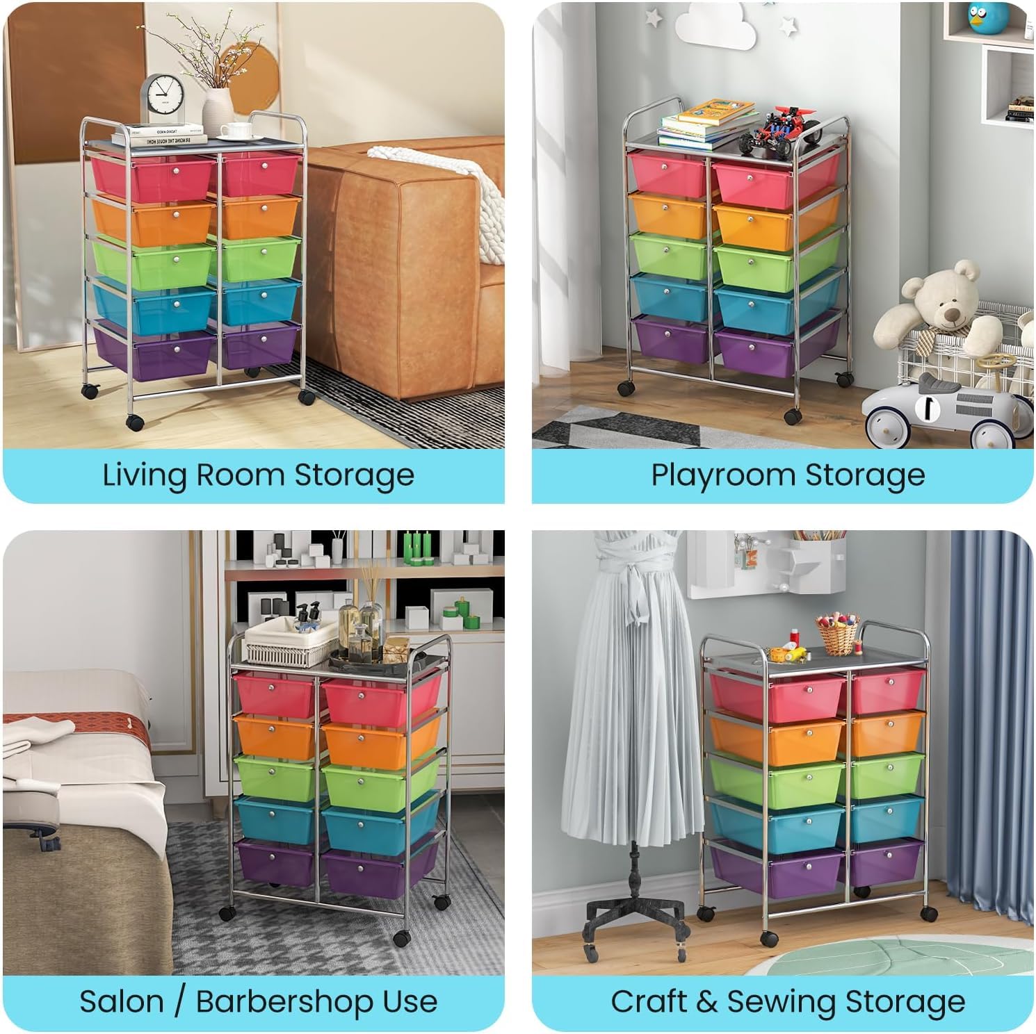 LDAILY 9 Drawer Rolling Storage Cart, Rolling Cart with Drawers for Classroom, Art Supply Craft Organizer on Wheel with Metal Frame & Handles for Home Office School
