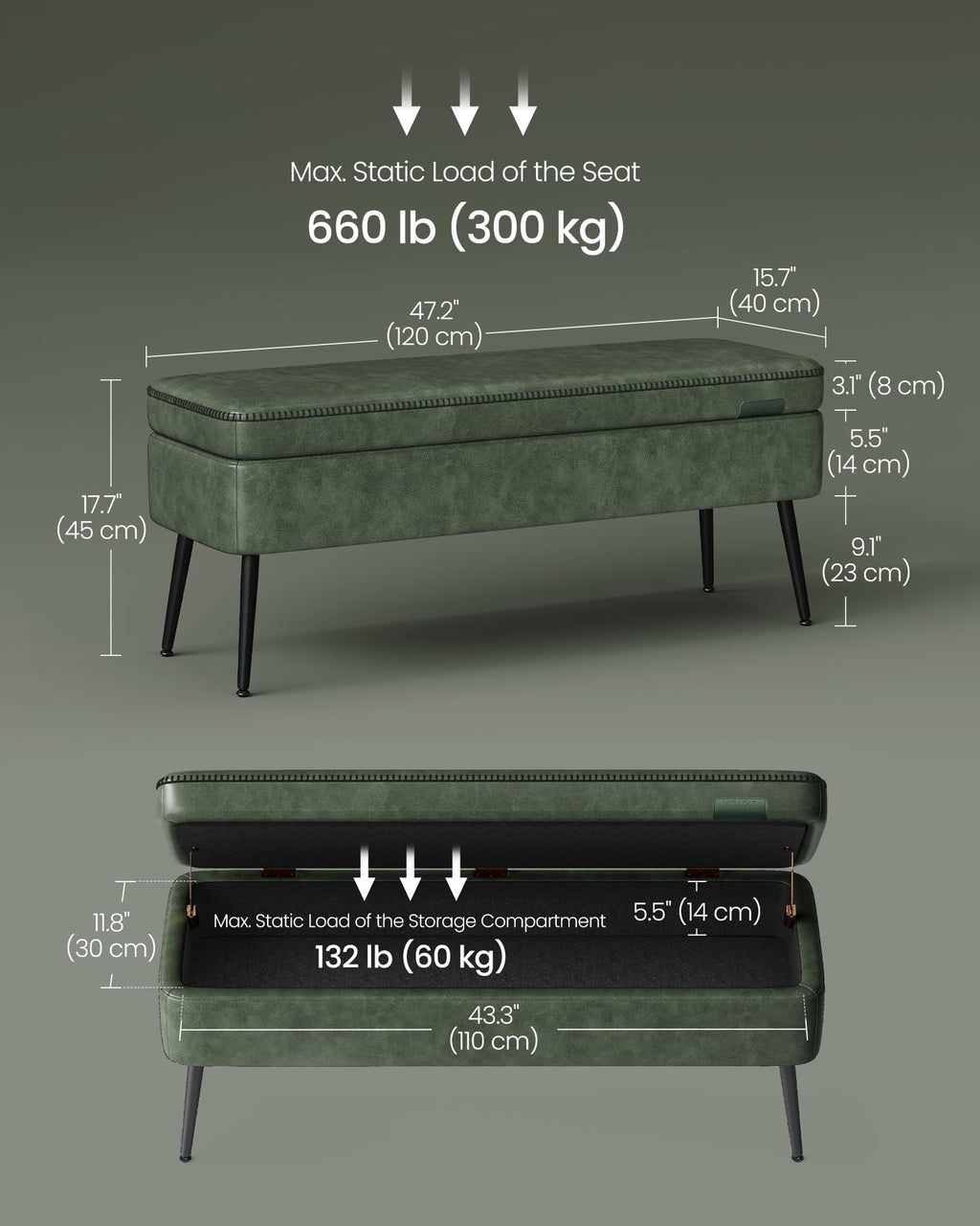 VASAGLE EKHO Collection - Storage Ottoman Bench, Entryway Bedroom Bench, 15 Gallons, Synthetic Leather with Stitching, Mid-Century Modern, Safety Hinges, Loads 660 lb, Caramel Brown ULOM074K01