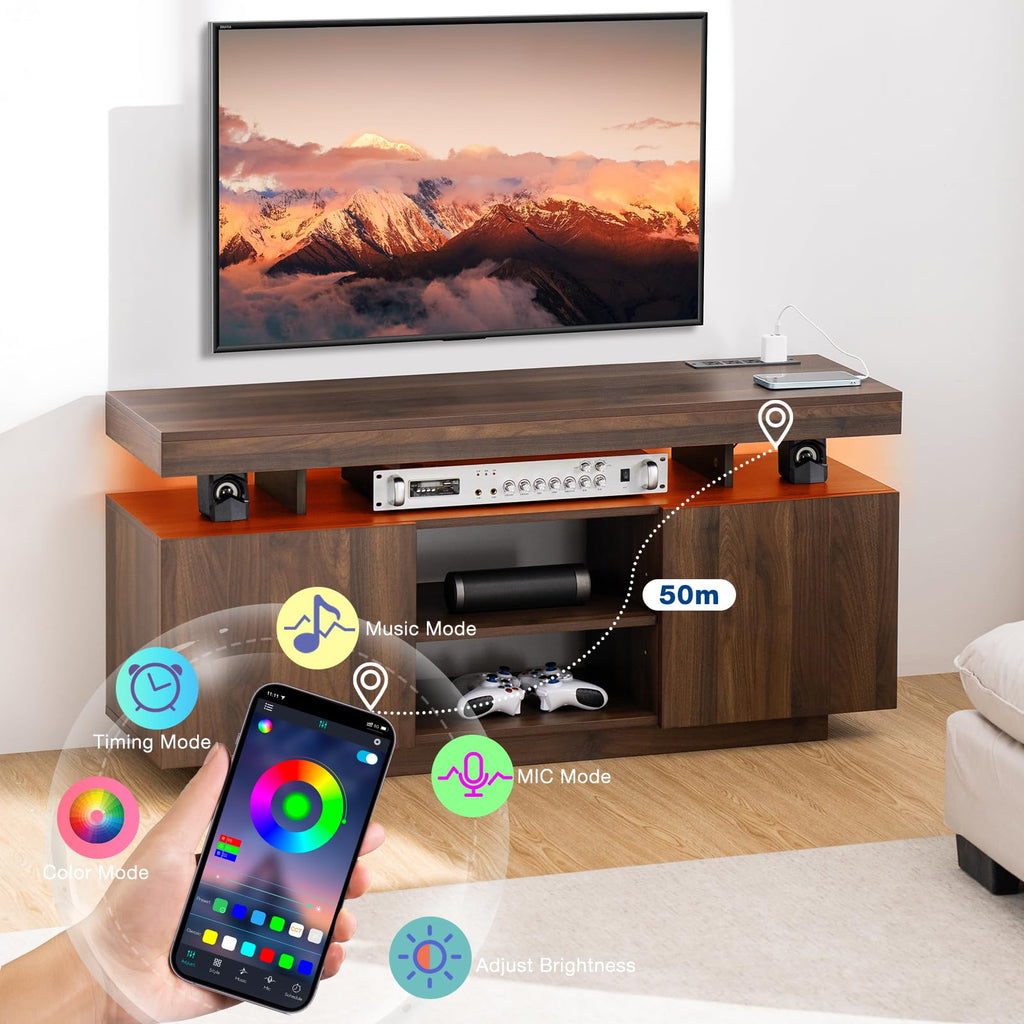HOMMPA Modern LED TV Stand for 55 Inch TV, Black Tall TV Console with Power Outlet, Entertainment Center with Storage, High Gloss Gaming Media Console Cabinet for Living Room (47 Inch)